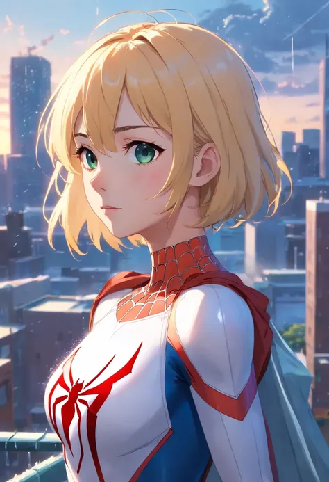 18 yo girl, white spider man suit, short blunt hair, blonde, beautiful face, rain, roof, masterpiece, intricate detail, perfect anatomy