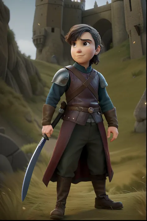 create an epic disney pixar movie poster of a game of thrones character, um rei guerreiro usando uma coroa, segurando uma espada...