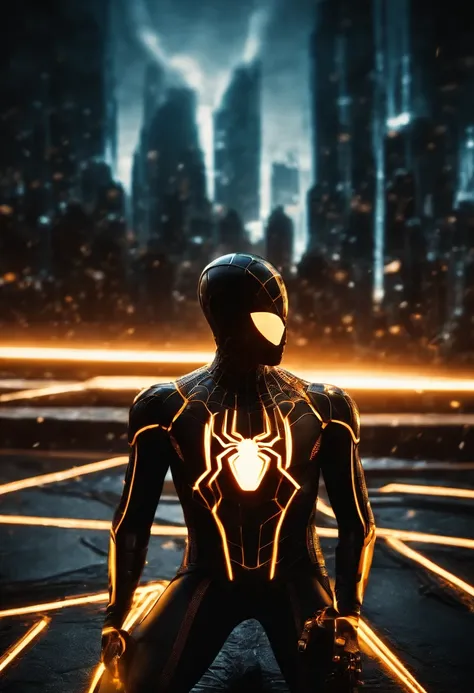 Tron Combined with Spiderman, tron legacy, battle pose, crystal clear image, intricate details, close up, battle scars, black and amber themed, simulation world, glowing web