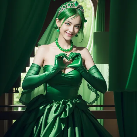 emerald tiara, Green Pearl Necklace, Boyish very short green hair, lipsticks, Japan woman smiling, very short short hair,  big breasts beautiful, Green eyes, Long green gloves made of satin material, Green eyes, Emerald Earrings, green vale, Heart with bot...