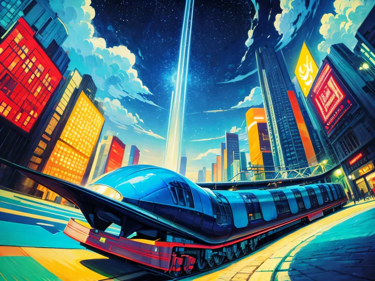 futuristic super train, technicolor road and sky, in the style of Vincent van Gogh and Salvador Dalí