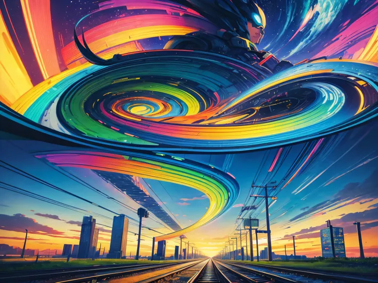 futuristic super train, technicolor road and sky, in the style of Vincent van Gogh and Salvador Dalí