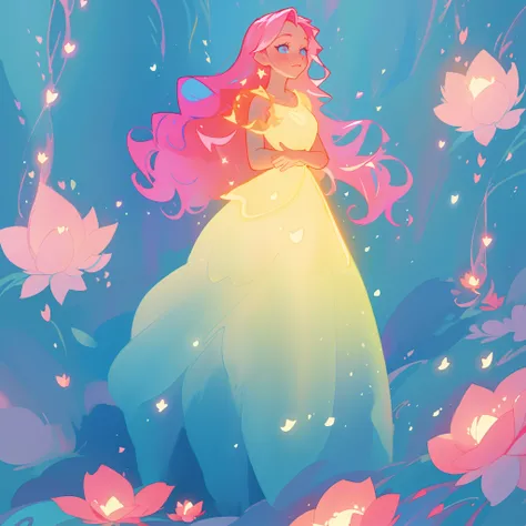 beautiful girl in flowing gradient layered ballgown, flowing pink hair, blue watercolor background, glowing lights and red flowers border, whimsical fantasia and flowers background, vibrant pastel colors, (colorful), magical lights, magical flowers, flower...