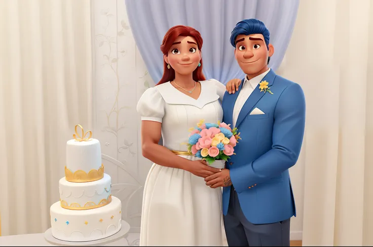 Um homem moreno, de cabelo preto, vestindo um terno azul, uma mulher branca, cabelo loiro cobreado vestida de branco, e um bolo de casamento, estilo disney pixar, alta qualidade, melhor qualidade