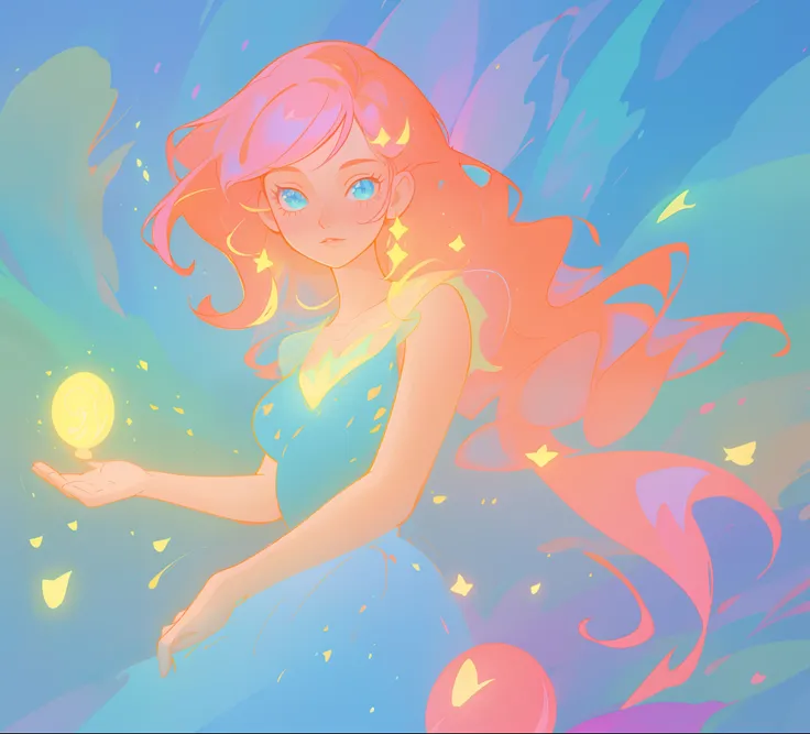 beautiful girl in blue flowing dress, beautiful girl holding a glowing pixie fairy in her hand, looking at the pixie in her hand, vibrant pastel colors, (colorful), magical lights, sparkling lines of light, inspired by Glen Keane, inspired by Lois van Baar...