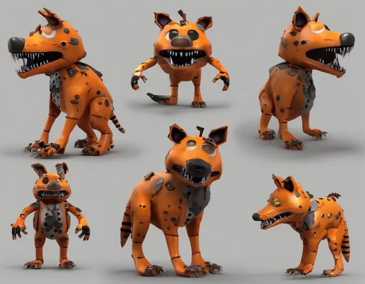 Analog horror aesthetic, five nights at Freddy’s inspired, hyena animatronic, orange eyes, FNAF, full body image, fully rendered 3d model, entertainer