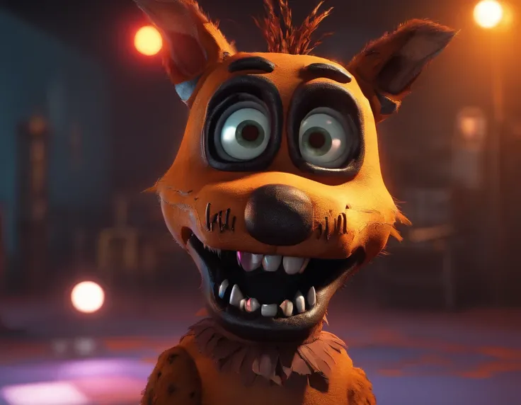 Analog horror aesthetic, five nights at Freddy’s inspired, hyena animatronic, orange eyes, FNAF, full body image, fully rendered 3d model, entertainer