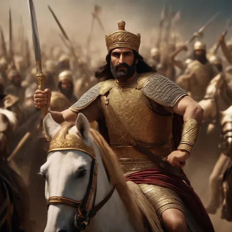 Depict the figure of Cyrus the Great, leading his army in the fight against the Medes and establishing the Persian Empire,cinematic, 4k,high quality