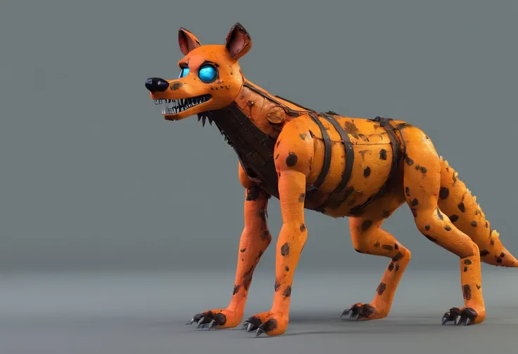 Analog horror aesthetic, five nights at Freddy’s inspired, hyena animatronic, orange eyes, FNAF, full body image, fully rendered 3d model, entertainer, anthropomorphic