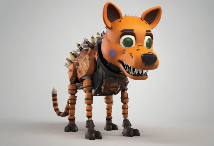 Analog horror aesthetic, five nights at Freddy’s inspired, hyena animatronic, orange eyes, FNAF, full body image, fully rendered 3d model, entertainer, anthropomorphic