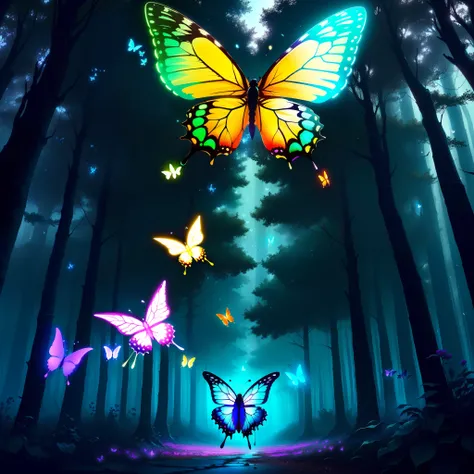 magical butterflies, neon effects, 4k, flying through a magical forest, pixar, disney style