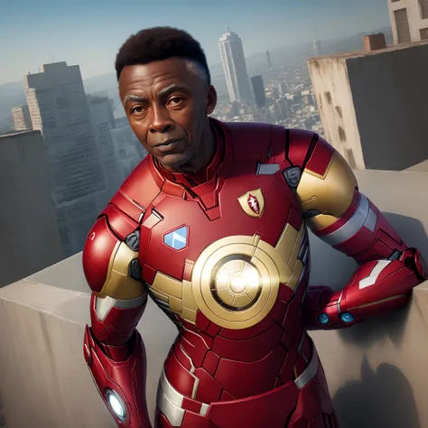 Make an image of Pelé in iron man armor on top of a building