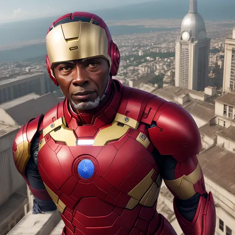 Make an image of Pelé in iron man armor on top of a building