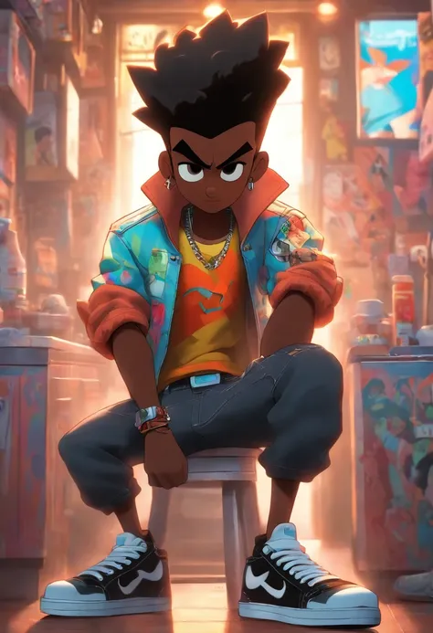 3d pixar disney stile movie poster with the title " KENEDY"boy dark skin quiff big beard slanted eye left eyebrow with a cut, IN A BARBER SHOP WITH white T-SHIRT denim jacket Black pants, black sneakers