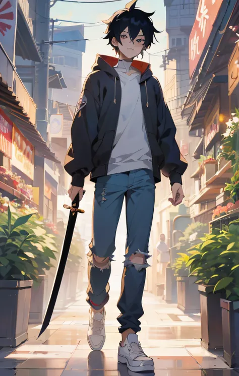 anime boy with a sword in a city street, badass anime 8 k, anime style 4 k, anime style character, handsome guy in demon slayer art, digital anime illustration, demon slayer rui fanart, epic anime style, in anime style, anime style illustration, clean deta...