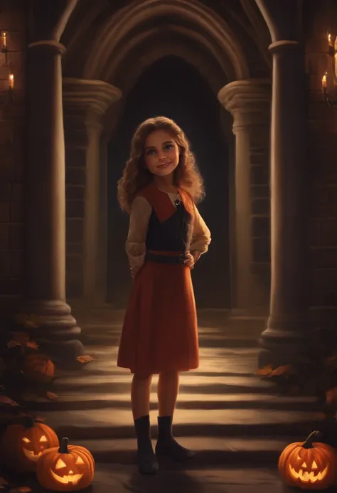 Theres a 10-year-old girl standing in a spooky castle, Personagem Vandinha da Disney  imagem de corpo inteiro, corpo inteiro menina bonito, roupa preta, cute face with arms and legs, Em um estilo de Halloween, personagem Vandinha na Disney pixels corpo int...