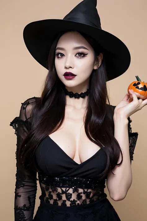 (extra detailed body、extra detailed face、best qualtiy:1.2)、femele、looking at the viewers、（fancy dress、Halloween Witch Makeup、Black lipstick, thick and long black eyeliner、the witch、Flashy makeup）、(Halloween pumpkin on background)