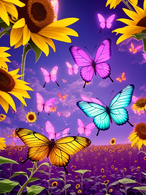 magical butterflies, neon effects, 4k, flying through a magical place with sunflower