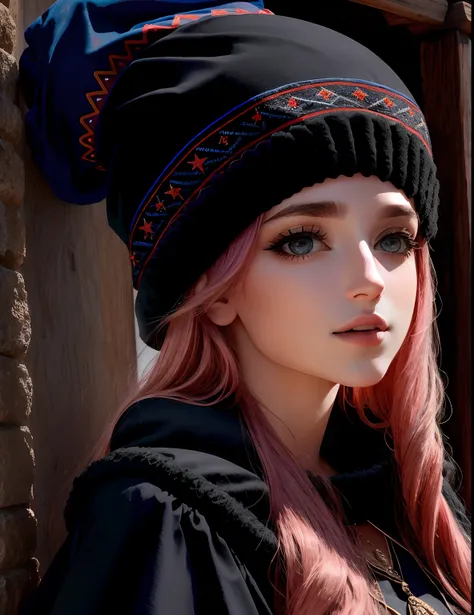 Bruja sideral, con gorro de bruja, rubia, atractiva, cuerpo entero, detallado, ojos oscuros, escote, vestido largo ajustado, belleza real, divertida, diosa