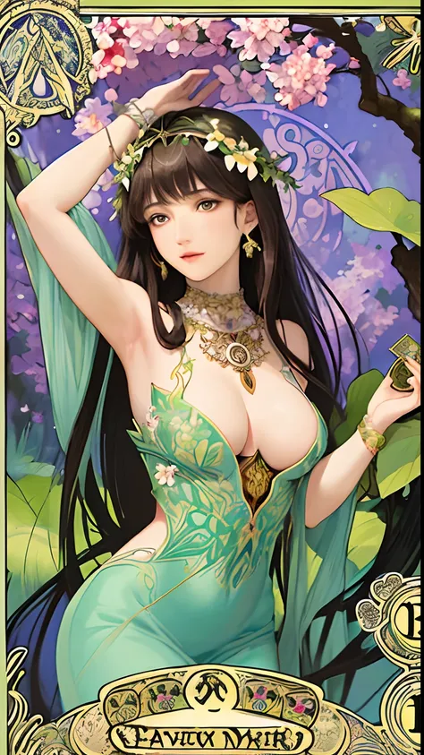 masterpiece, best quality, Alphonse Mucha, art nouveau,
 (tarot card style:1.3),  unique tarot card framework incorporating floral and greenery elements,
blunt bangs, black straight long hair, looking at viewer, 
Amidst a verdant garden, a mystical maiden ...