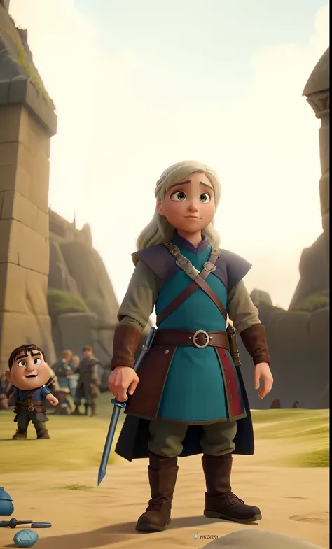 Create an epic Disney pixar movie poster of a Game of thrones character, Um rei guerreiro usando uma coroa, segurando uma espada, usando uma armadura medieval, em Batle Field. Estilo Pixar, Cartoon, cores vibrantes, cinemactic, altamente detalhado, Rosto d...