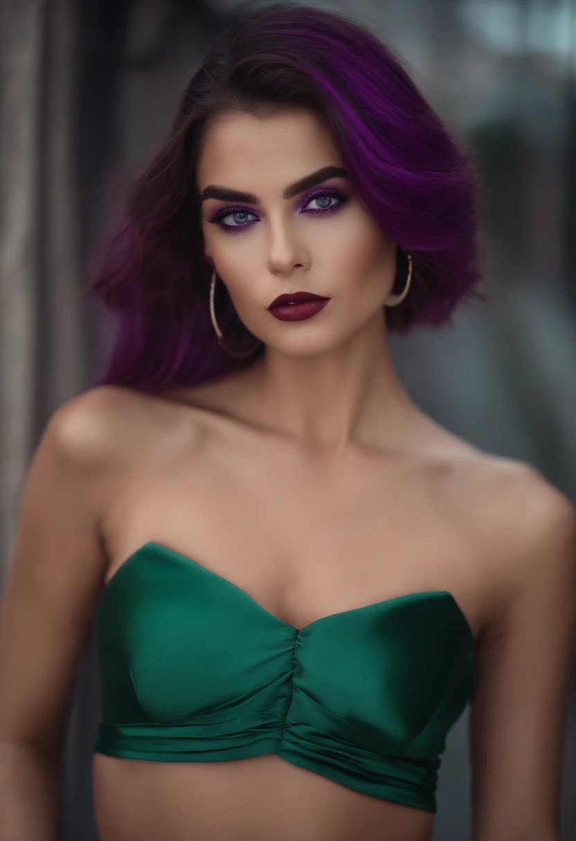 (32k) 16k, 8k, 4k, Cara super fina, boca pequena, lip-biting makeup, efeminado, cabelo roxo, Purple eyes, high resolution, perfeito. retrato.