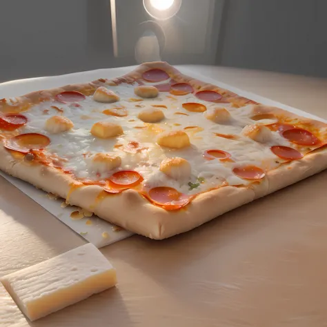 best quality, ultra high-resolution, (photorealistic: 1.4), ultra-detailed, incredibly detailed, ultra realistic square pizza with 4 straight corners with close up indirect light, and warm light, melting cheese,