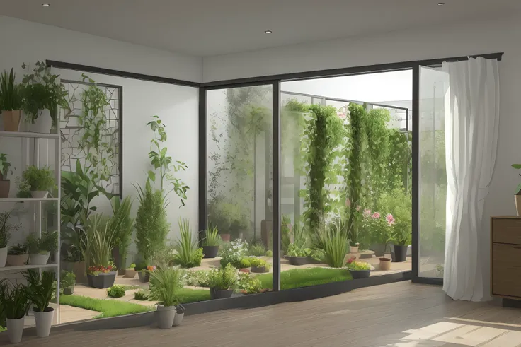 3D drawing of indoor garden, with unique 3-D windows in the shapes of triangles, squares, rectangles, trapezoids, hexagons, etc. Make it so that certain windows allow less lights to pass through to meet the plants needs