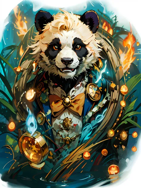 An exceptionally high-detail painting in which the panda shrugs furiously., Wear an expensive brown Louis Vuitton shirt.., Mazeking is featured in deviantart Renaissance...  Magic powers.., Blue flames swim around.. charachter."Create special details, best...