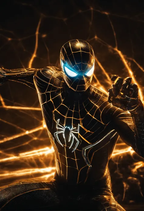 Tron Combined with Spiderman, tron legacy, battle pose, crystal clear image, intricate details, close up, battle scars, black and amber themed, simulation world, glowing web