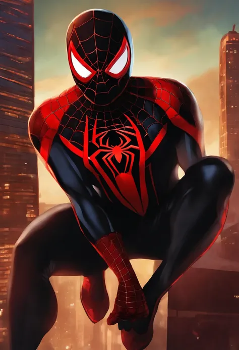 Retrato em close do rosto do jovem Miles Morales como o Homem-Aranha. He is wearing the characteristic red and black mask and looking thoughtfully to the side. Her short afro hair is slightly messy sticking out through the mask. Ao fundo, a New York night ...