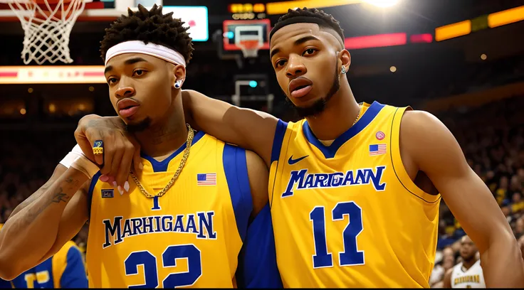 Rapper wearing a Michigan basketball jersey and a long gold chain