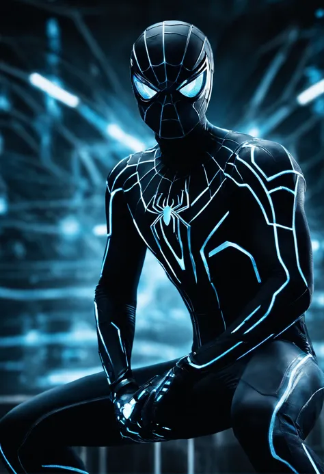 Tron Combined with Spiderman, tron legacy, battle pose, crystal clear image, intricate details, close up, battle scars, black and blue themed, simulation world, glowing web