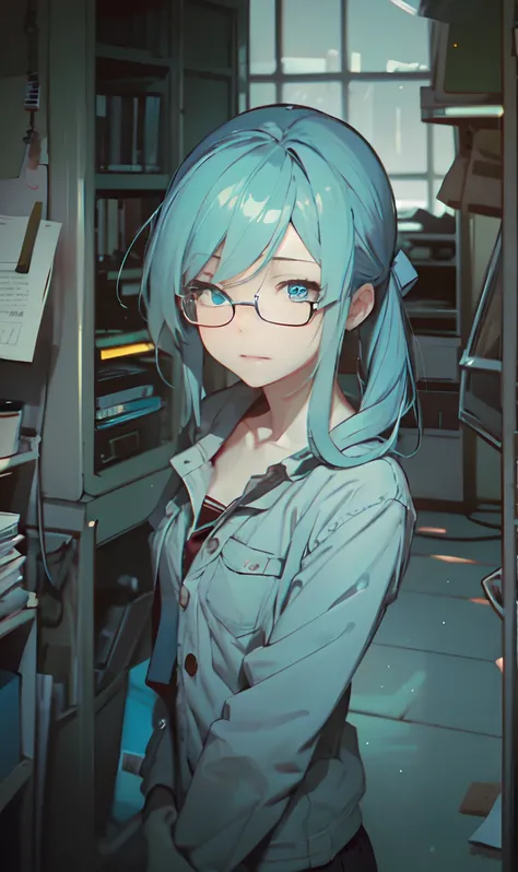 monochromes、grayscales、Onepiece、dishevled hair、slovenly、Cross-eyed、Drunk、Turned、( Silly / Sexual ecstasy)、Turned、eye glass、top-quality, Photorealistic, An ultra-fine illustrations, beautiful attractive anime girl, miku hatsune, Slender body, Tied hair, one...