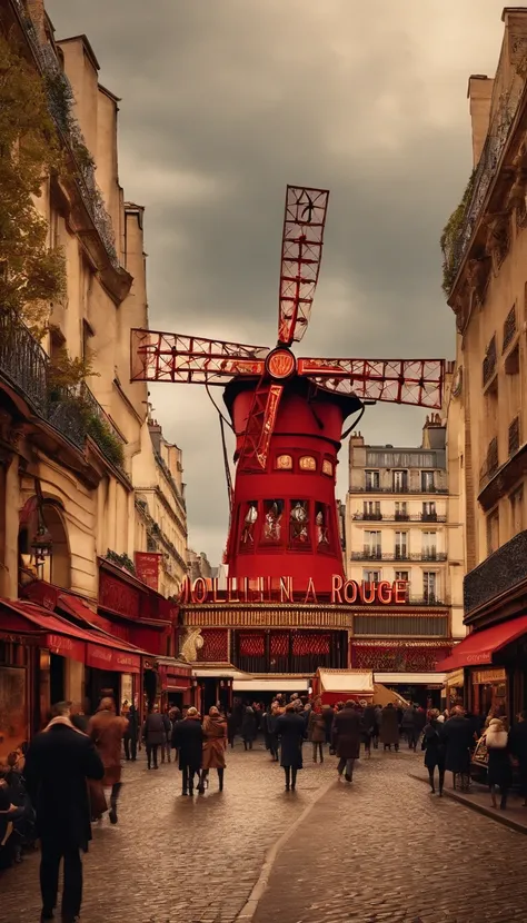 Paris street, moulin Rouge area in the 17th century, wide street view, people on the street, daytime, market life, horses, crowd