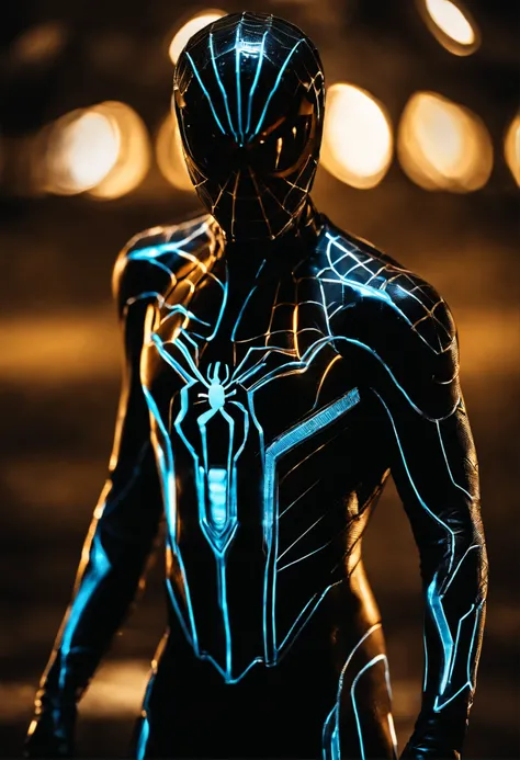 Tron Combined with Spiderman, tron legacy, battle pose, crystal clear image, intricate details, close up, battle scars, black and amber themed, simulation world, glowing web