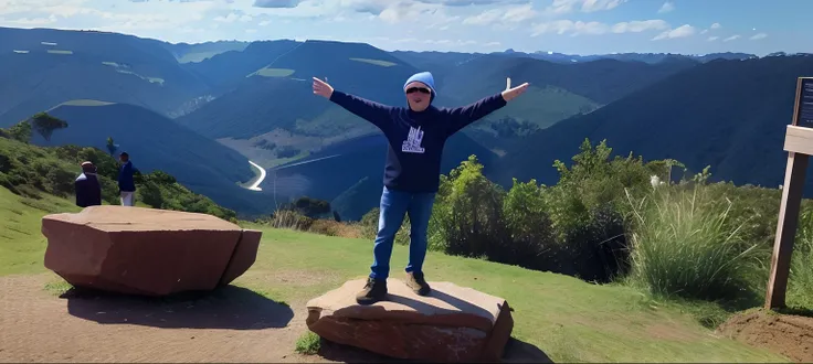 Theres a man standing on a rock with his arms outstretched, com montanhas ao fundo, Standing on top of a mountain, em frente a uma montanha, Standing on a hill, standing on mountain, belos arredores, david rios ferreira, com montanhas no fundo, Colinas ao ...