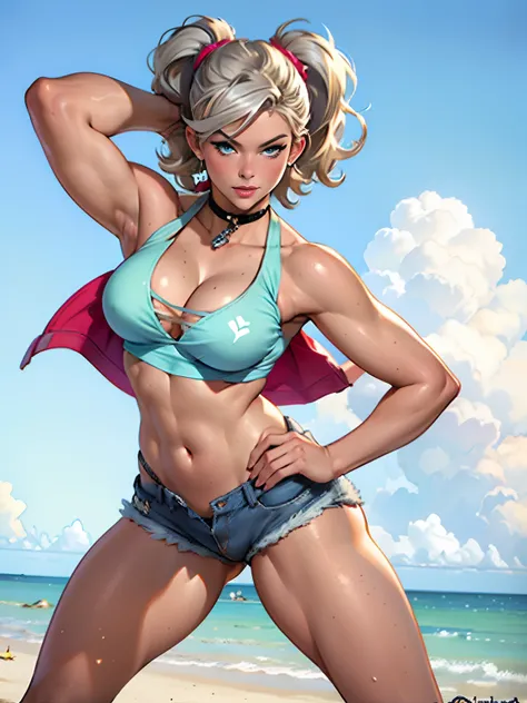 (high quality, best rendering), (beautiful girl), blue eyes, gray hair(bombshell, pin-up style), psychopath, crazy face, sexy pose, jean short shorts, tank top, pastel, centered, scale to fit dimensions, micro thong, micro bikini, camel toe