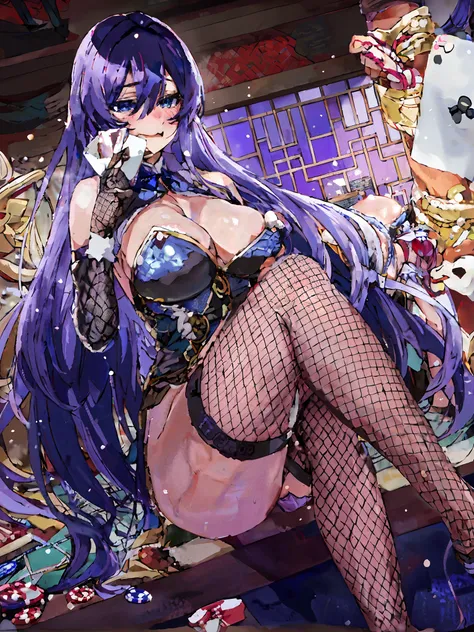 Cao Cao，Long purple hair，Blue eyes，Wear a bunny girl outfit，Bigboobs，casino。