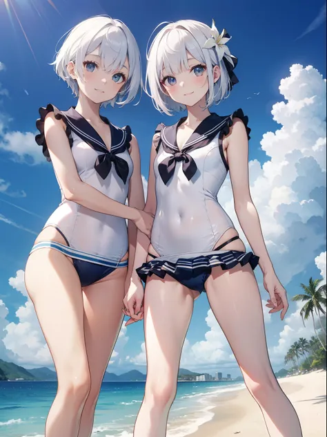 The ultra -The high-definition、high-level image quality、top-quality、Full feet and hands、complete fingers、Beautuful Women、1 persons、white  hair、Bery short hair、ssmile、White Sailor School Swimsuit、Summer Beach