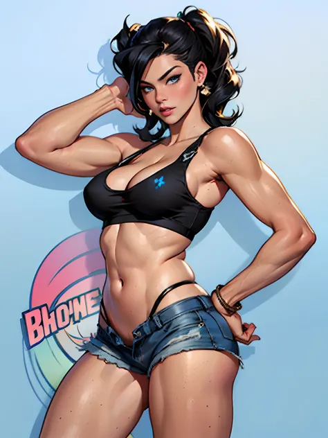 (high quality, best rendering), (beautiful girl), Blue Eyes, ((black long straight hair)),(bombshell, pin-up style), psychopath, crazy face, sexy pose, jean short shorts, tank top, pastel, centered, scale to fit dimensions, micro thong, micro bikini, camel...