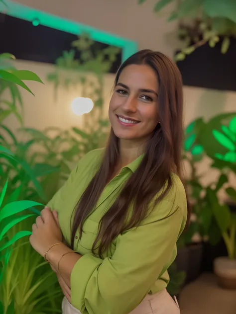 Smiling woman in green shirt standing in front of a green plant, Directed by: Nandor Soldier, Malika Favre, by Amelia Peláez, Retrato no meio da foto, by Gina Pellón, Directed by: Emma Rios, Directed by: Emma Andijewska, fernanda suarez, Directed by: Ramon...