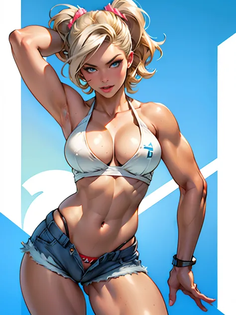 (high quality, best rendering), (beautiful girl), blue eyes, long gray hair (bombshell, pin-up style), psychopath, crazy face, sexy pose, jean short shorts, tank top, pastel, centered, scale to fit dimensions, micro thong, micro bikini, camel toe