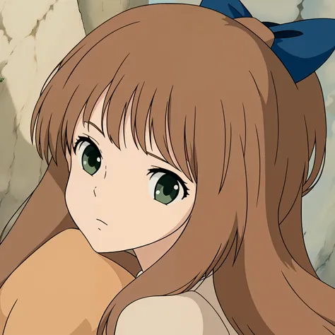 One girl, long brown hair, green eyes, bow in her hair, ghibli art style