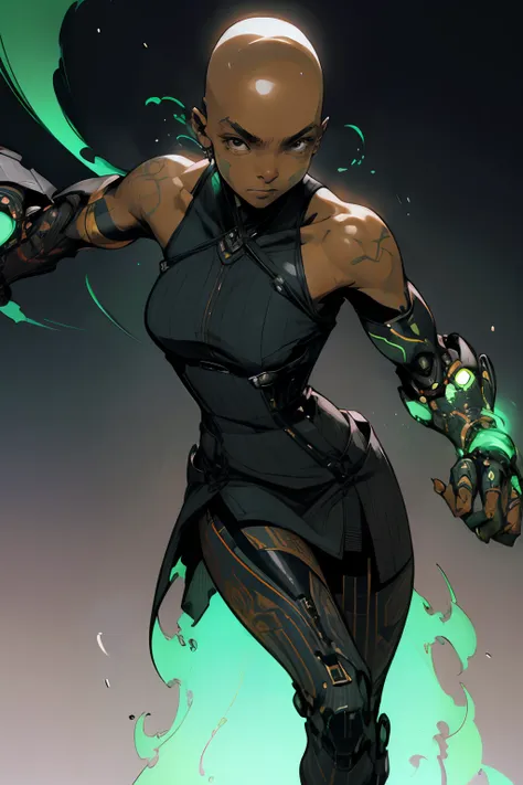 bald dark-skinned woman in a dress with mechanical arms, excellent lighting, sidelighting, (), vhskeeper,, style guilty gear -st...