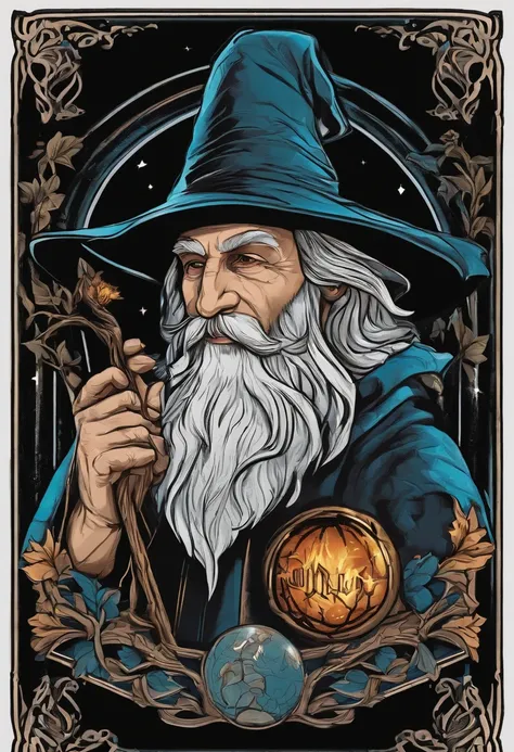 /imagine prompt: wizard illustration for a sticker with a black background, in bold outline style, jagged edges, trashcore, light shading --v 5.2