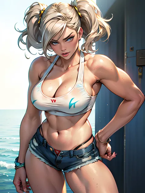 (high quality, best rendering), (beautiful girl), blue eyes, long gray hair (bombshell, pin-up style), psychopath, crazy face, sexy pose, jean short shorts, tank top, pastel, centered, scale to fit dimensions, micro thong, micro bikini, camel toe