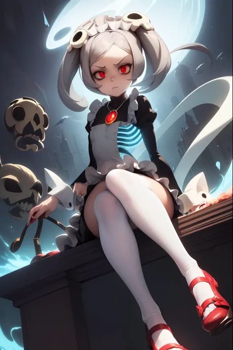 (masterpiece, best quality), marie from skullgirls, skullgirls, red pupils, blue flame on background, digital art, anime style, girl, white hair, maid outfit, serious expression, necklace with red gem , white long socks, fullbody, looking at viwer, beautif...