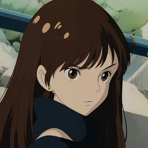 one girl, long brown hair, brown eyes, ghibli art style