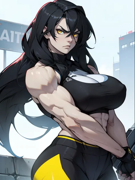 angry girl very long hair (((muscular))) girl pale skin black hair yellow eyes huge breasts